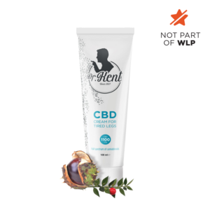 DR. Kent CBD Cream for Tired Legs - 100 ml tube with 1100 mg CBD, horse chestnut extract, and natural ingredients for relief and circulation.