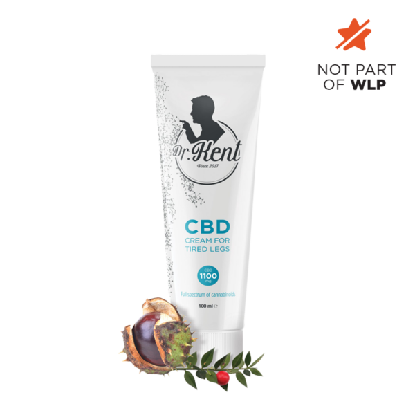 DR. Kent CBD Cream for Tired Legs - 100 ml tube with 1100 mg CBD, horse chestnut extract, and natural ingredients for relief and circulation.