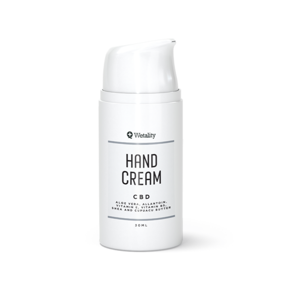 Wetality Hand Cream - 30 ml airless dispenser with CBD and cupuacu butter to moisturize, protect, and repair dry, chapped hands.
