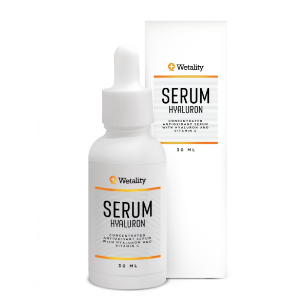 Serum Hyaluron - 30 ml bottle with CBD, Vitamin C, and Hyaluronic Acid to hydrate, plump, and restore skin balance for all skin types.