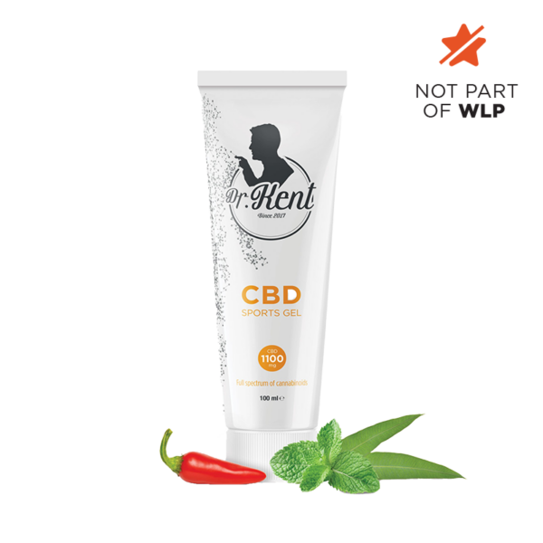 DR. Kent CBD Sports Gel - 100 ml tube with 1100 mg CBD, menthol, eucalyptus, and hot pepper extract for muscle and joint relief.